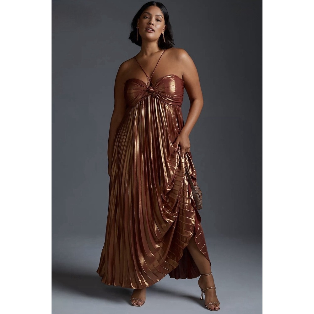 Anthropologie 2X Metallic Plissé Halter Maxi Dress Copper Pleated Gown